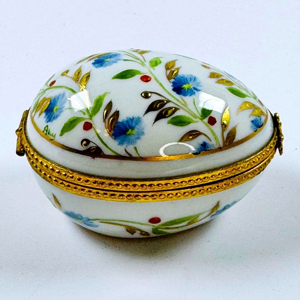 Limoges France Hand Painted Porcelain Egg Trinket Box Blue Floral Gold Gilt Sgd